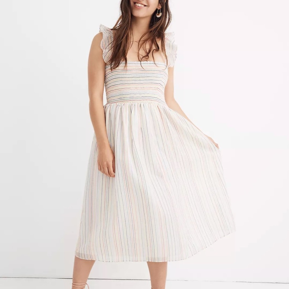 Madewell Ruffle Strap Smocked Dress in Rainbow Stripe
